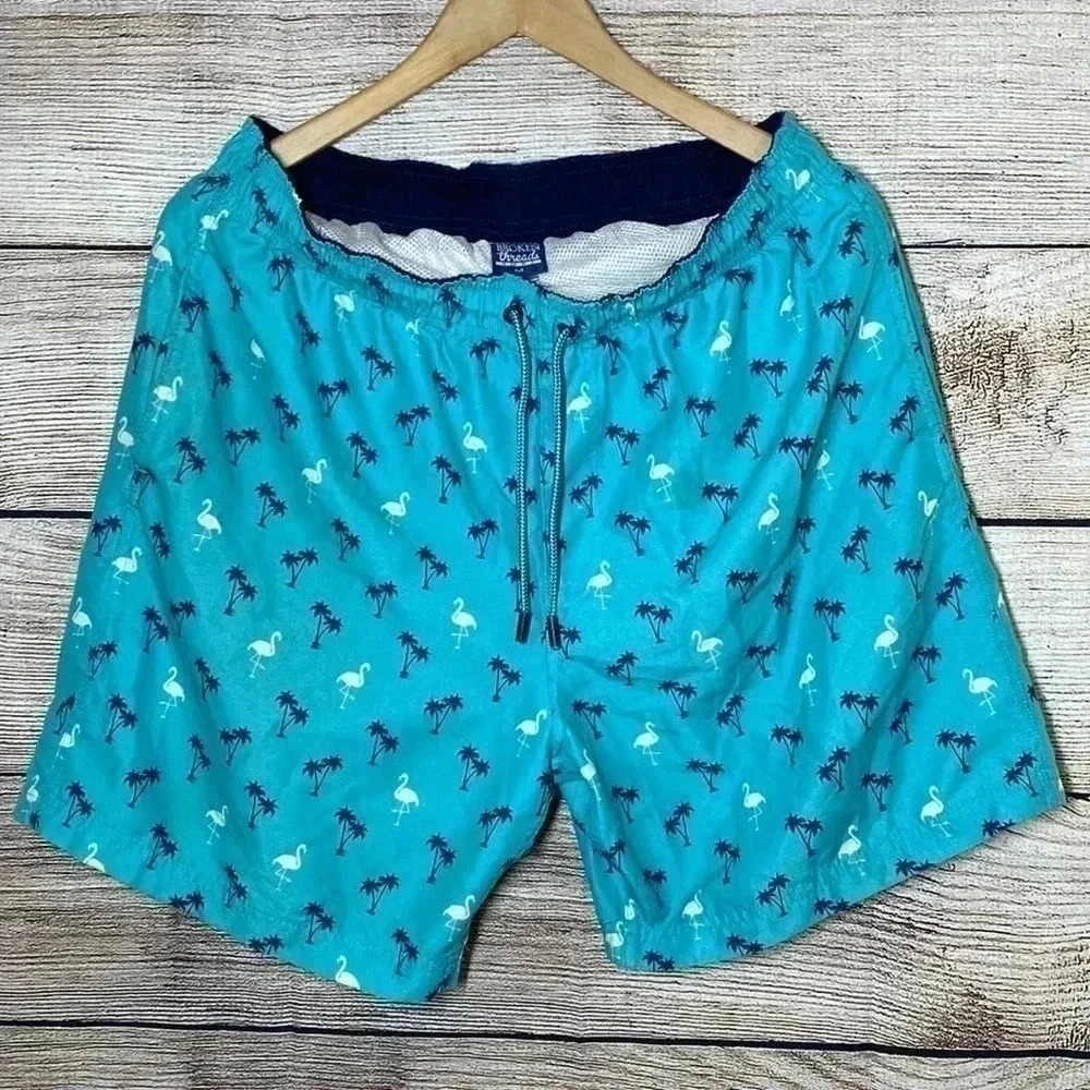 Broke Threads | Men’s Blue Palm Tree Flamingo Swim Shorts Size Medium